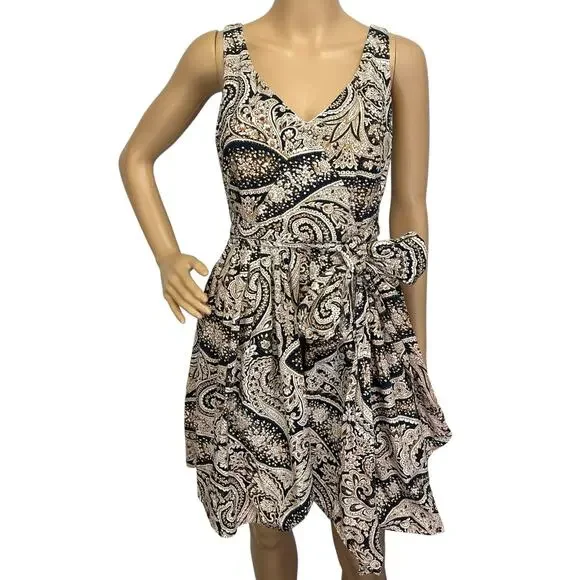 J. Crew Paisley Cotton Side Tie Dress Tan Navy Sleeveless 68682 Size 0 - Picture 2 of 12